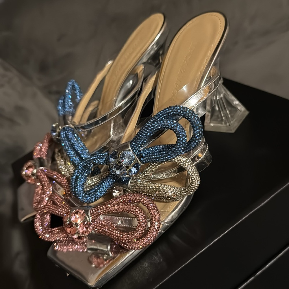 Mach & Mach 37.5 Heels Slide Sandal Square Toe Crystal Bows in Silver/Pink/Blue